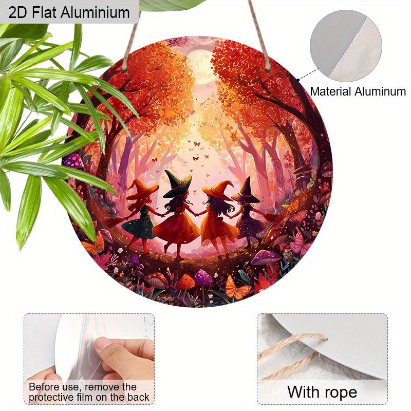 2D Flat Aluminium Halloween Sign with Oil Painting Witchs Pattern - Halloween Figurine Ornaments - Ideal for Front Door, Wall, Porch, Window Decor