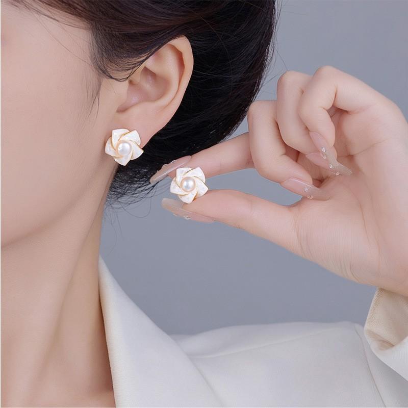 Elegant Pearl Camellia Flower Earrings Sterling Studs Minimalist Fashion Jewelry Women
