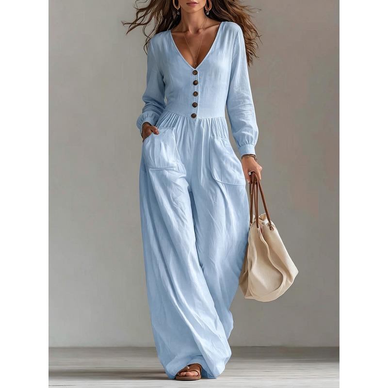 QICED Women's Long Sleeve V-Neck Jumpsuit Fashion Casual Autumn Winter Suspenders trousers Jumpsuits & Rompers