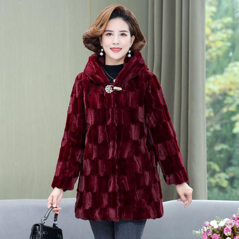 New mother winter imitation mink velvet imitation fur coat medium and old women's hooded thickened imitation mink coat
