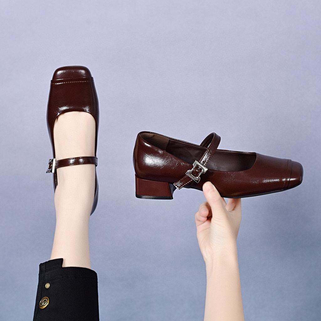 Square head Mary Jane shoes women's 2025 spring Korean version shallow mouth one pedal single shoes flat shoes buckle loafers fairy shoes