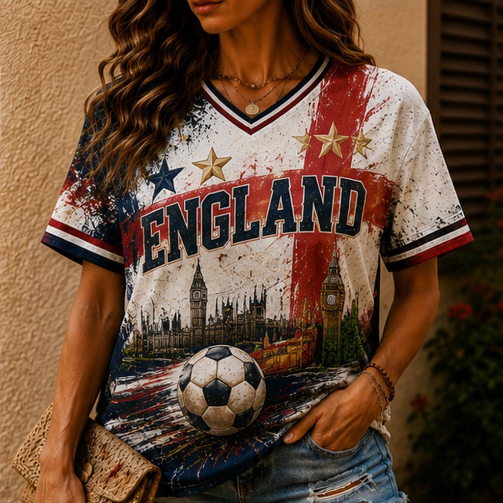Women V Neck Short Sleeve T Shirt with Stadium Soccer Print Casual Loose Fit Style Top
