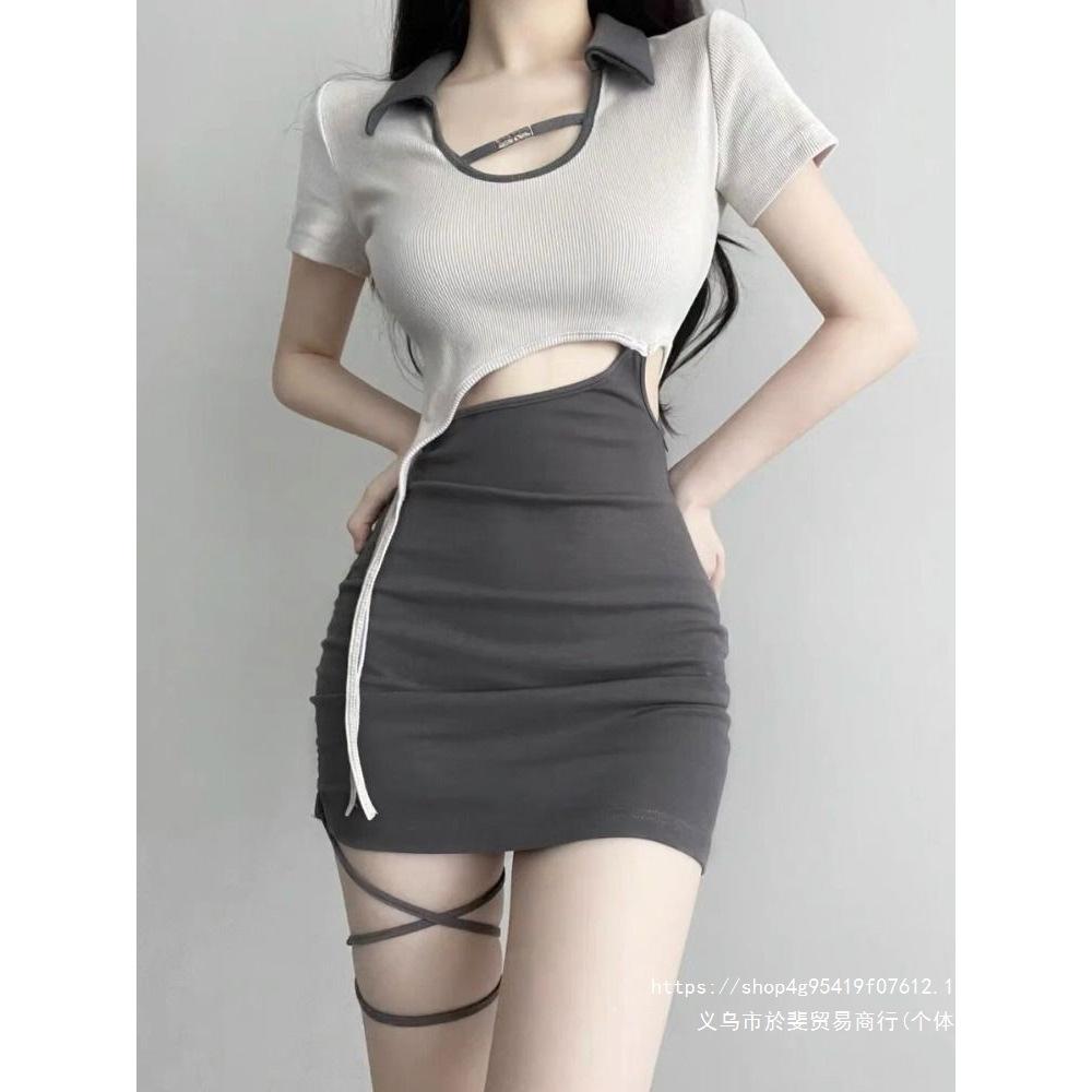 Hollow waist sexy dress high-end fake two-piece contrasting color hip skirt sweet hottie strap splicing short skirt