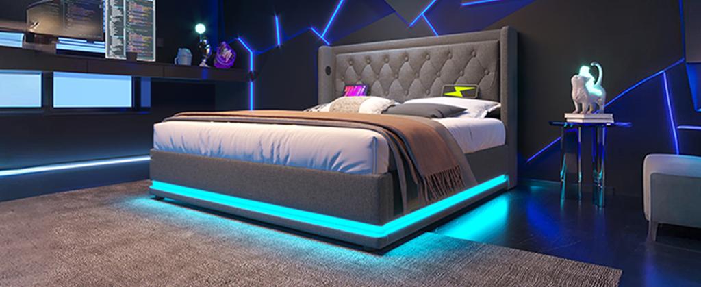 Gepolstertes Doppelbett 160*200 cm, graues Baumwoll-Hydraulik-Stauraumbett, Kopfteil mit USB Typ-C Ladefunktion, 3-seitige LED (Matratze nicht enthalten)