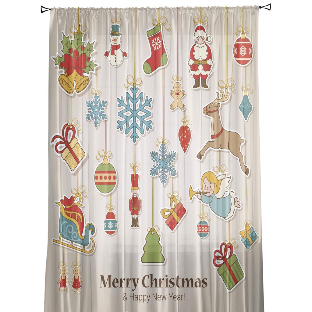 Christmas Elk Cartoon Gift Tulle Curtains For Living Room Decoration Modern Chiffon Sheer Voile Kitchen Curtain