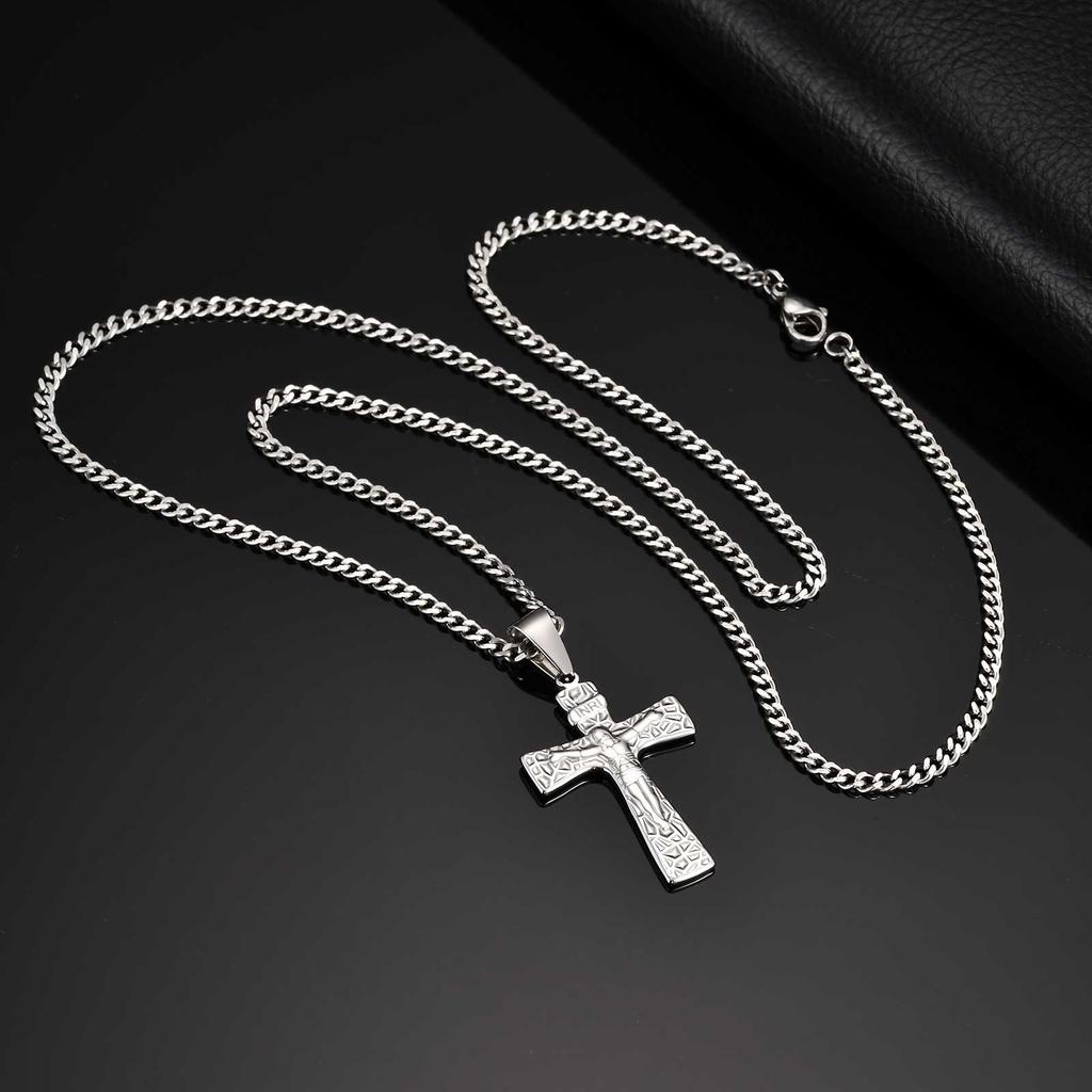 Vintage Religious Jesus Cross Pendant Necklace, Stainless Steel Chain Necklace for Men Church Prayer Faith Jewelry