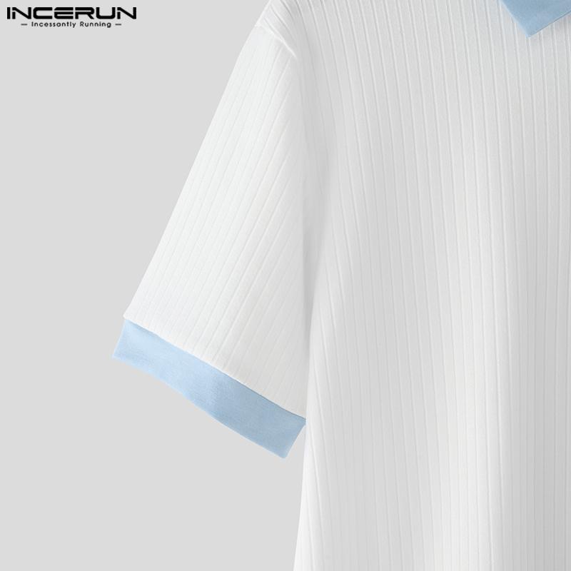 INCERUN Men Lapel Short Sleeve Stitching Casual Office T-shirts Rib Tops