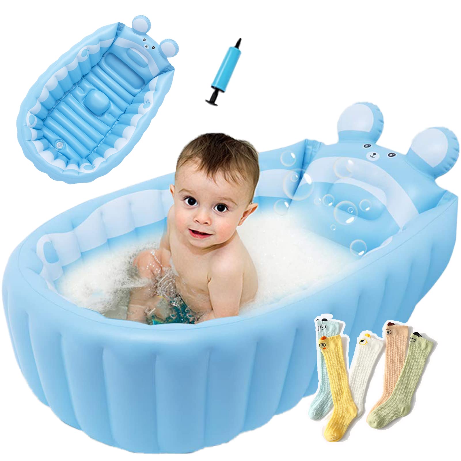 

Puhang Baby with Air Drain Easy Safe Suitable for Ages Includes 5 Pairs of Socks Centered Position Bathtub, Kids Bathtub, Plush, Foldable, Pump, синий