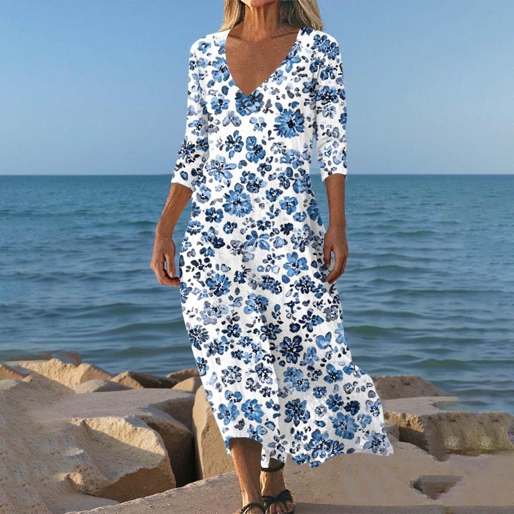 Sukienki Damskie Sukienka Midi z Tuniką w Stylu Vintage z Nadrukiem, z Wcięciem w Talii, Letnia Codzienna Sukienka z Rękawem 3/4