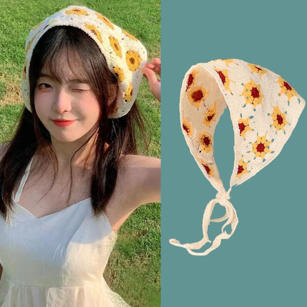 Crochet Girl Flower Headscarf French Pastoral Style Beach Vacation Hair Access Triangle Headband