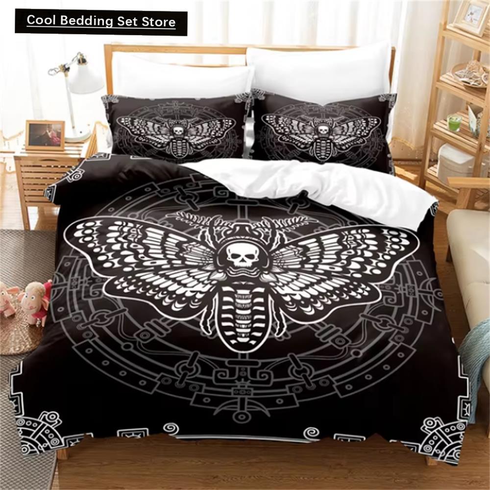 Death Moth Black Bedding Set, Gothic Bedding Set, Skull and Butterfly Cover, Luxury Home Bedding, 2pcs, 3pcs