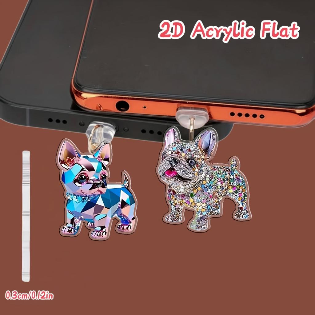 2pcs Shiny French Bulldog-Shaped Acrylic Dust Plugs and Cool Tech-Inspired Puppies, for Iphone/Type-C Interface - Shiny Rhinestone Design