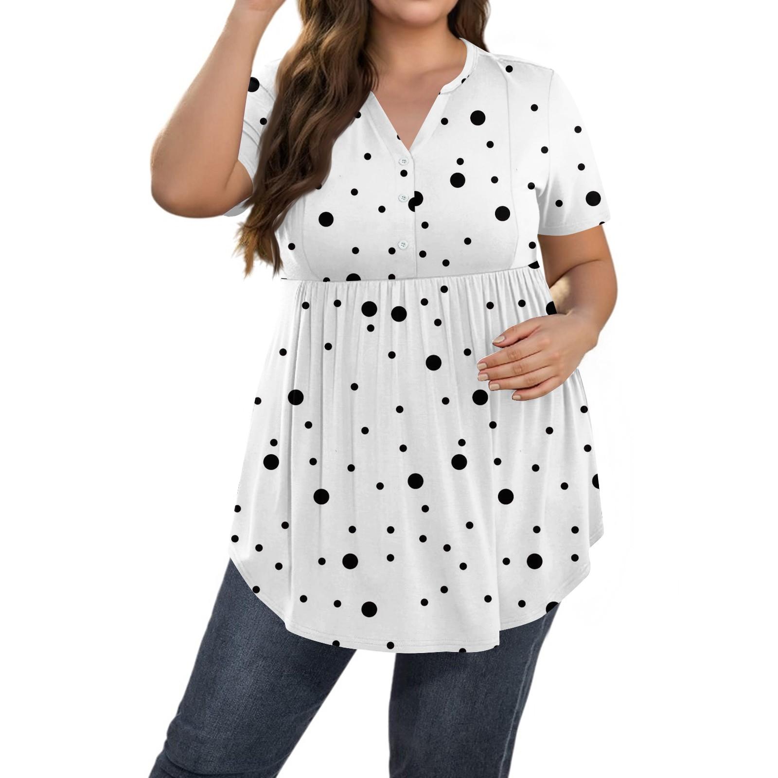 

Женский принтованный топ большого размера с V-образным вырезом и застежкой на пуговицы, повседневный топ с короткими рукавами и свободным кроем XL белый