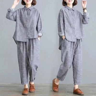 Spring Autumn Sets Women Retro Literature Large Size Thin Casual Trousers Stripes Fashion