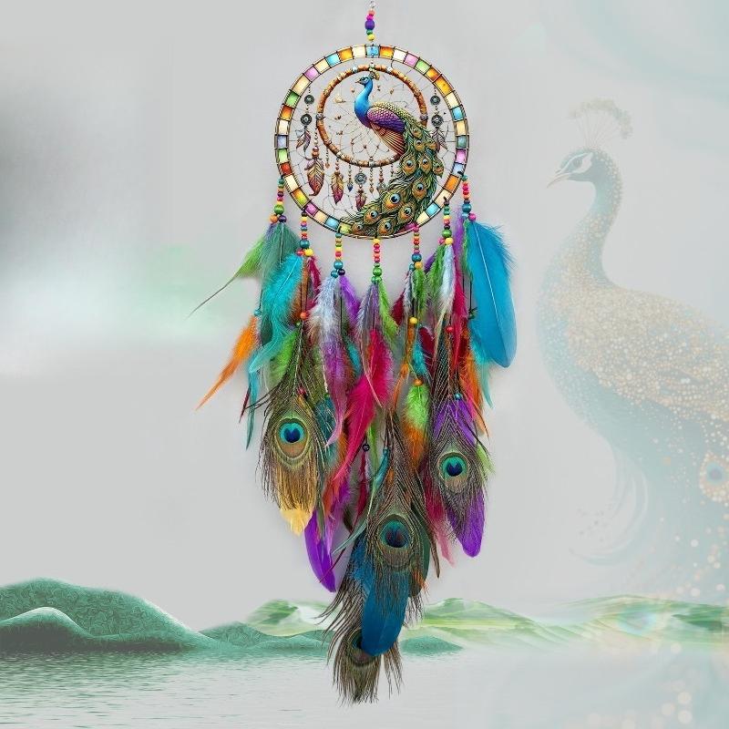Tree of Life Acrylic Pendant Peacock Feather Dreamcatcher Wind Chime Boho Wall Hanging Ornament for Home Room Yard Garden Decor 84x20cm