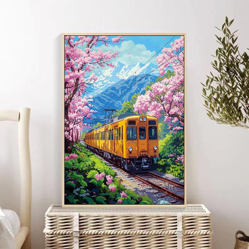 5d DIY Diamond Painting Cross Stitch Tram Peach Blossom Scenery Diamond Embroidery Mosaic Full Round Drill Home Decor