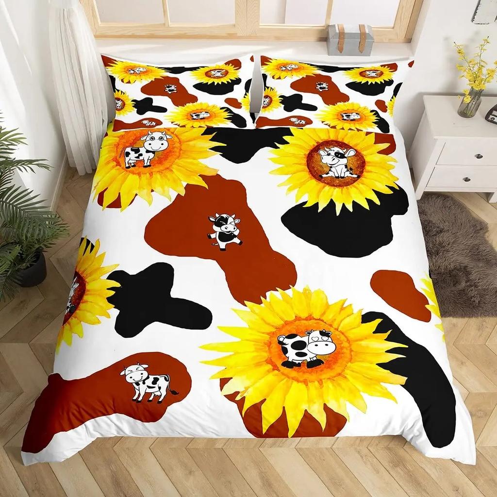Cow Duvet Cover Collection King Microfiber Milk Cow And Yellow Sunflower Print Comforter Cover Cute Animal And Floral Theme Bedding Collection