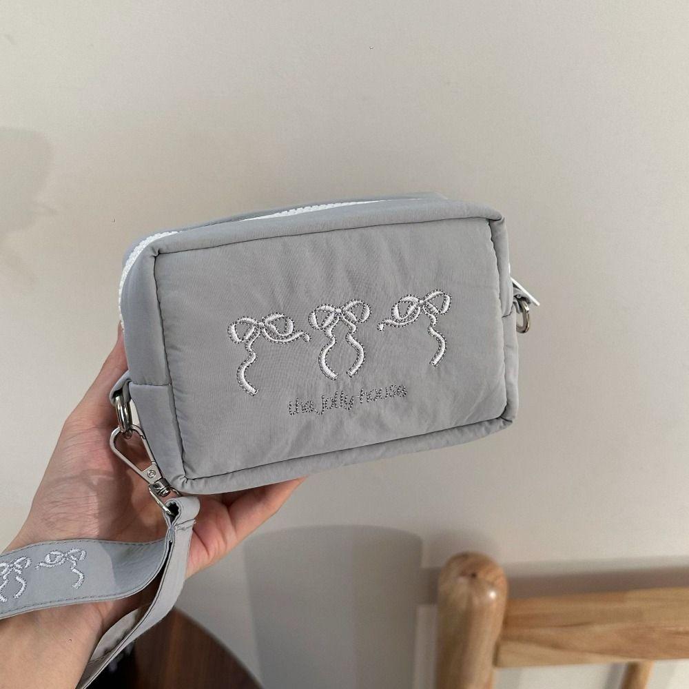 Keychain Zipper Wristlet Wallet With Lanyard Embroidered Bow Makeup Bag Nylon Coin Pocket  Outdoor