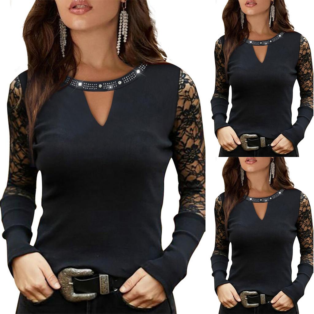 Women's Fashion New Design Lace Splicing Hot Stamping Diamond Slim Slim Mesh Long Sleeve Tops