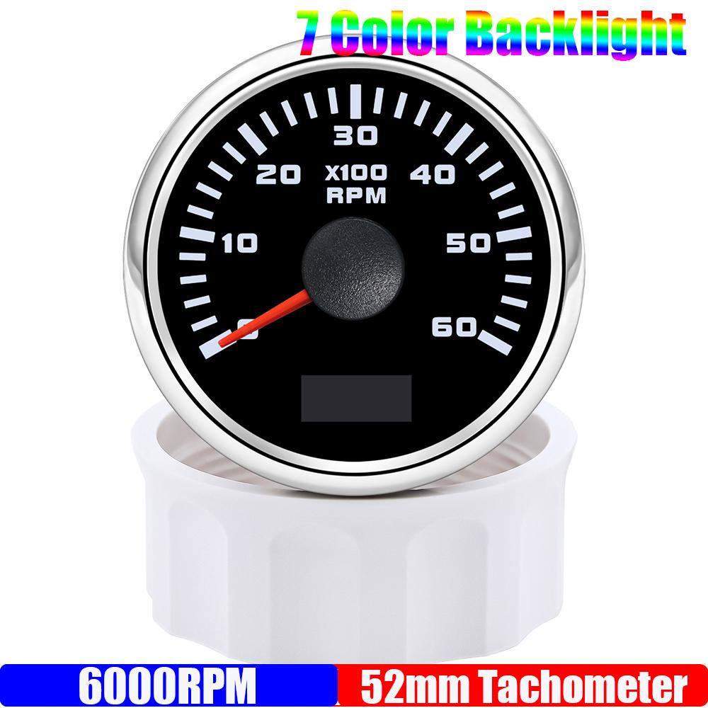 2" 52mm Tachometer 7 Color Light 3000,4000,6000,7000,8000 RPM Meter Hourmeter for Marine Boat Car 12V24V Waterproof IP67