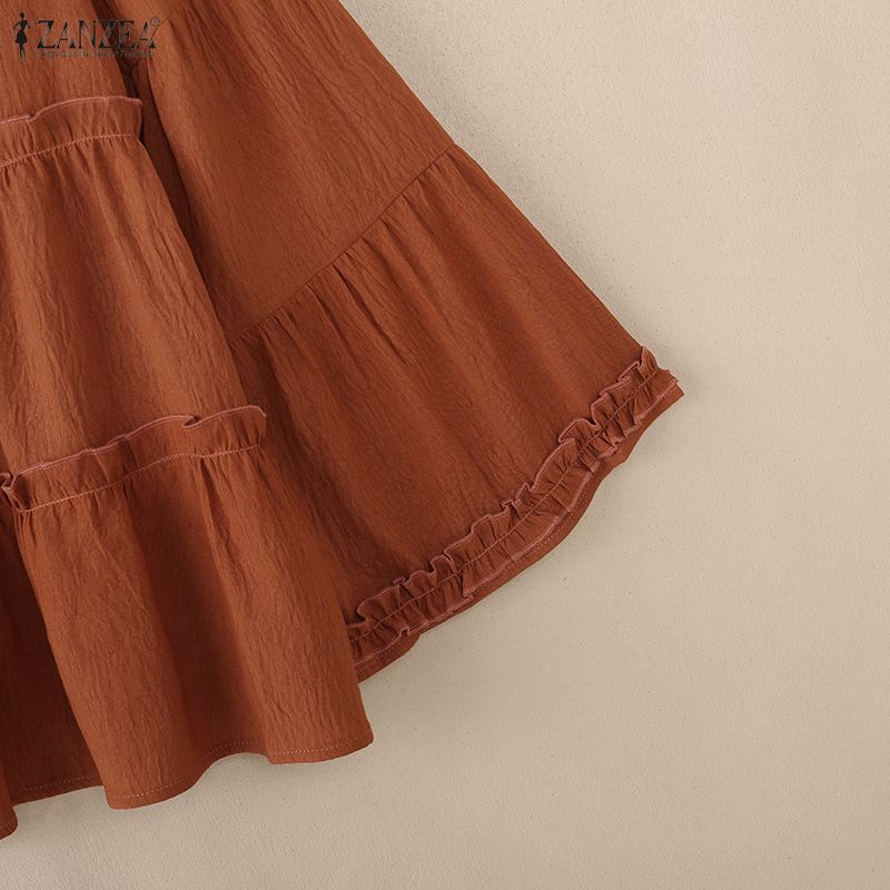 ZANZEA Women Casual Stand Collar Bell Sleeve Loose Blouse