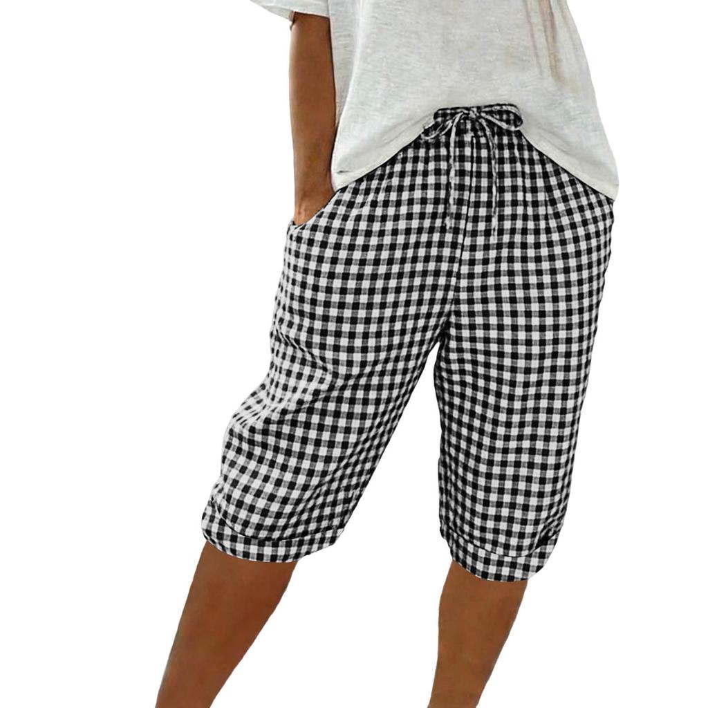 Pantaloncini casual da donna a quadri al ginocchio con coulisse in vita, vestibilità ampia, con tasche, per l'uso quotidiano