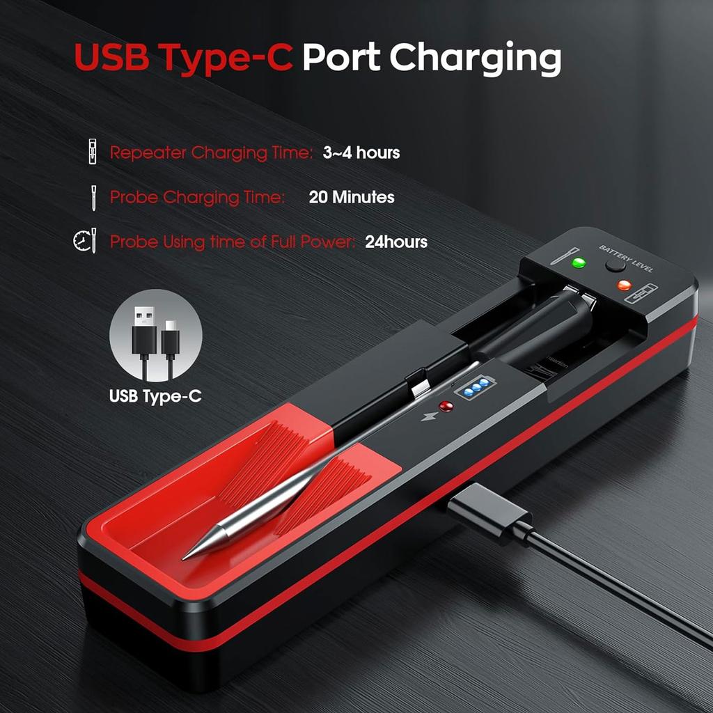 Thermomètre à viande sans fil avec Bluetooth, portée de 360 pieds, thermomètre à viande intelligent pour four, barbecue, grill, cuisine, fumoir, sous vide