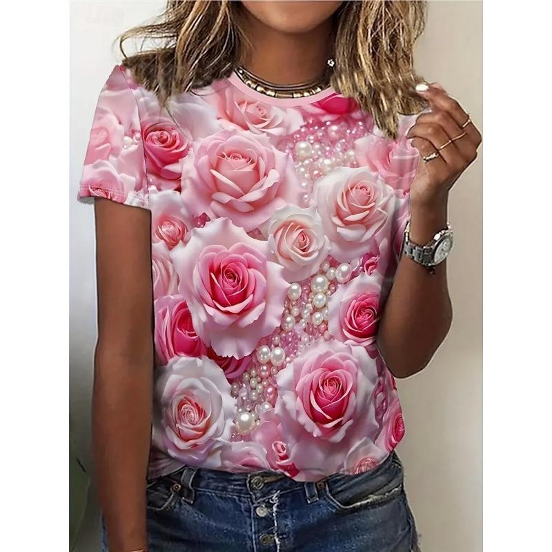 Summer Fashion Women's T-Shirt Beautiful Flowers Stylish 3D Printed Casual Short Sleeved Crew Neck Tees Regular Tops