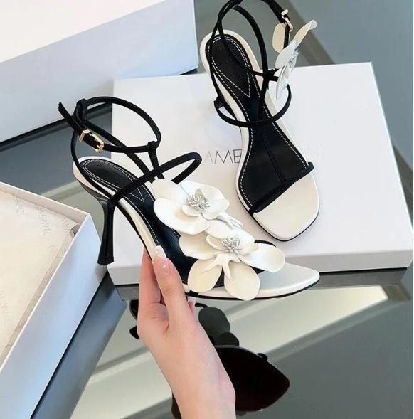 Fashion Women's Floral High Heel Sandals Square Parker Side Stiletto Air Slingback One Word Belt BuilStrap Elegant Wedding Shoes