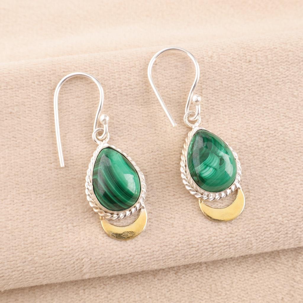 Piatră prețioasă Malachit Verde Bijuterii Argint Sterling 925 Handmade Cercei Cățărători 1.5" EE-162-21