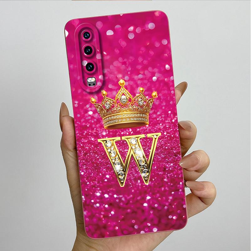 Back Cover For Huawei P30 ELE-L29 P 30 Pro VOG-L29 Crown Initial Letter Phone Case Liquid Soft Silicone Lens Protective Casing
