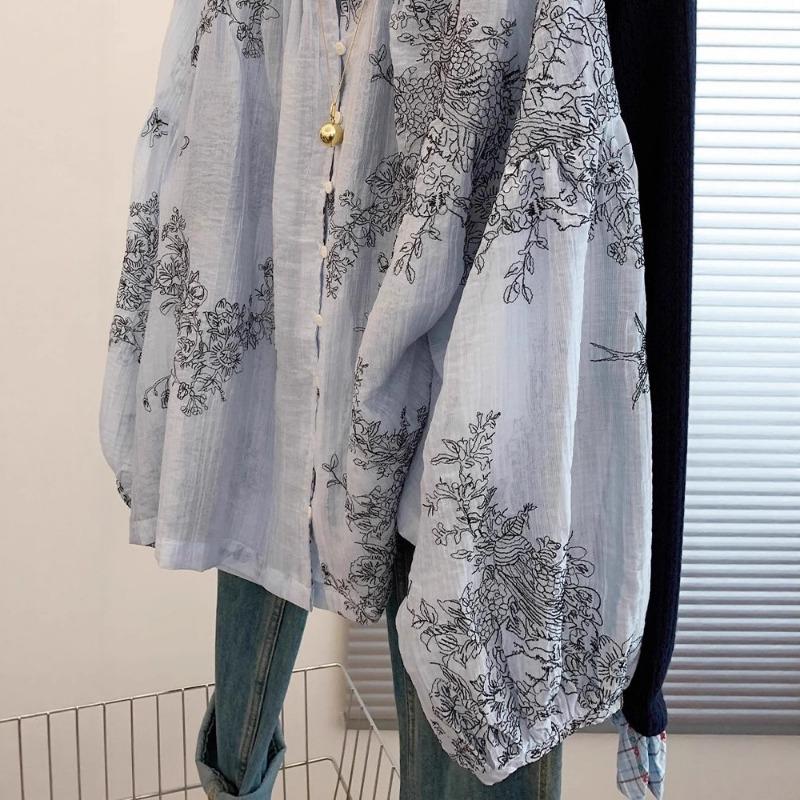 New Chinese Style National Style Embroidered Blue Long-sleeved Shirt for Women Loose and Lazy Style Top High-end Light Luxury