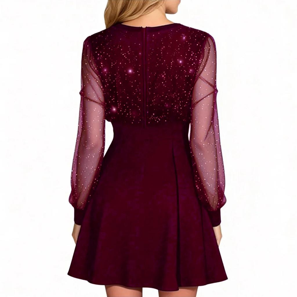 Women's Fashion Mesh-Panel Solid Color V-Neck Long-Sleeve Sexy Elegant Dress