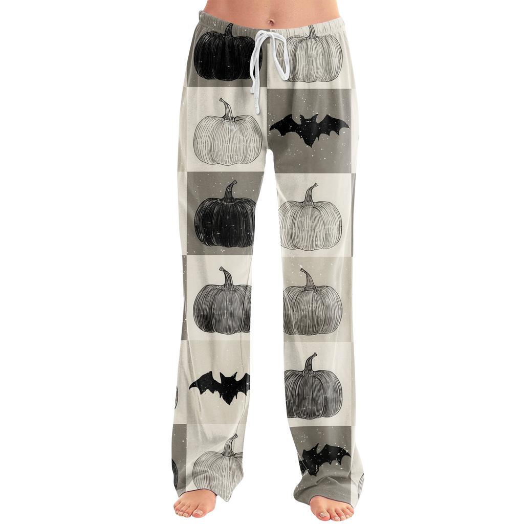 Women's Drawstring Lounge Pants Halloween Print Casual Loose Fit Full Length Elastic Waistband Pajama Bottoms