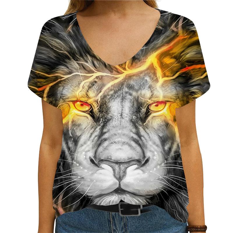 Summer Lion Print Trend 3d Women's V-neck Fashion Short Sleeved T-shirt
