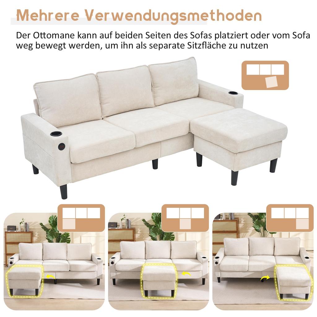 Corner Sofa 3-Seater Sofa Upholstered Sofa USB & Type-C, 2 L-shaped Sleeper Sofa, Upholstered Furniture Living Room, Apartment, Lounge Bedroom, Beige
