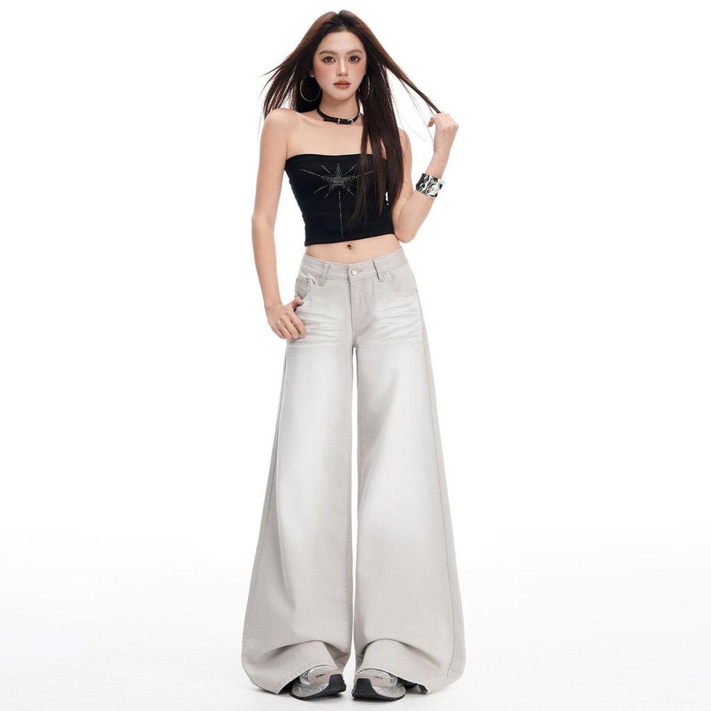 Spring Summer Vintage Sandblast Washed Relaxed Gray Tone Micro Flare Comfy Casual Denim Long Pants Ladies Casual Pants Oversize Denim Trousers