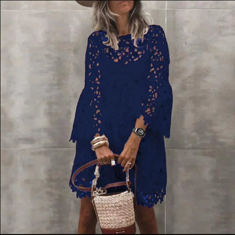 Fall Spring Women Dress Hollow Lace Flower Embroidery Round Neck Double-layered Long Sleeves Solid Color Ethnic Midi Dress