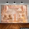 2D Plane 1st Birthday Party Banner Background Fabric - Pink Hot Air Balloon Bear themeDJH