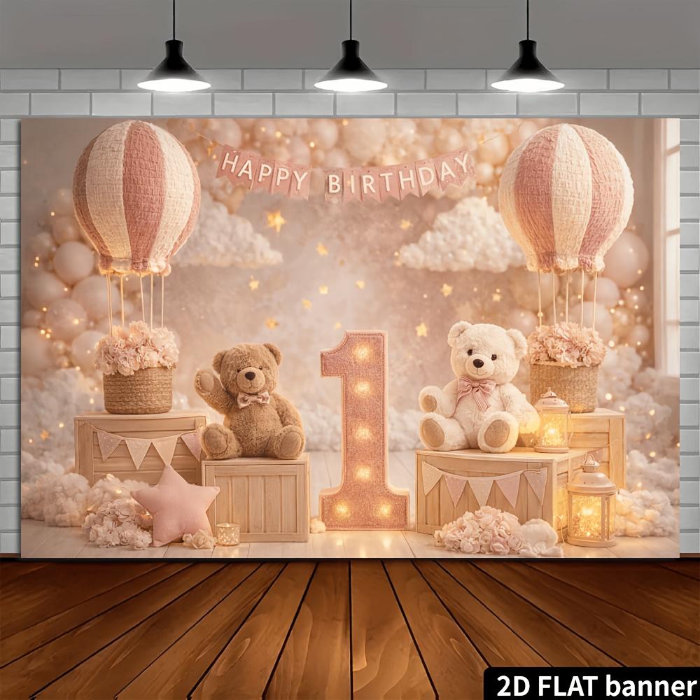 2D Plane 1st Birthday Party Banner Background Fabric - Pink Hot Air Balloon Bear themeDJH