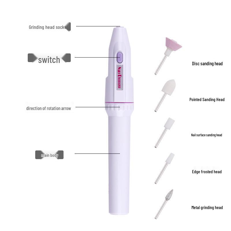 Mini Electric Nail File Pen with 5 Grinding Heads & Purple Cloth Bag