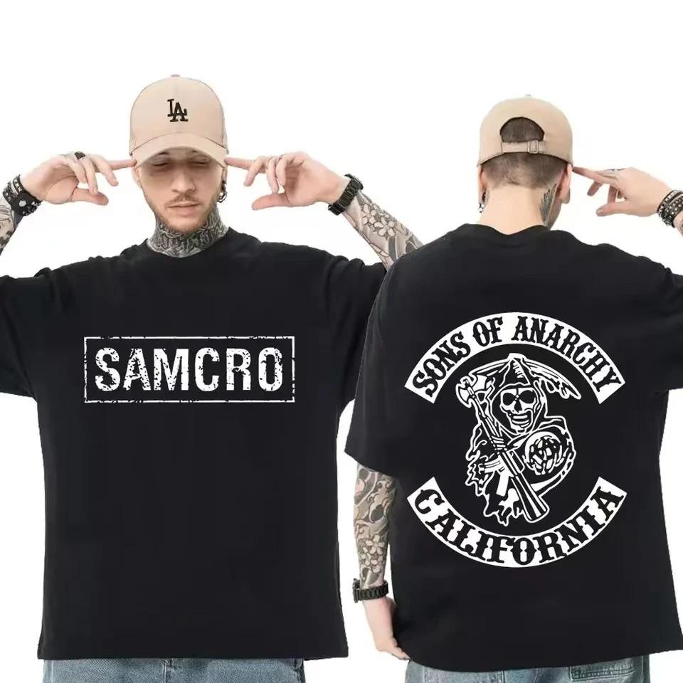 

Сыны Анархии SAMCRO Двусторонняя печать Футболки Уличная одежда Мужчины Женщины Харадзюку Дизайнерские футболки Топы Новая Летняя Свободная Футболка 4XL