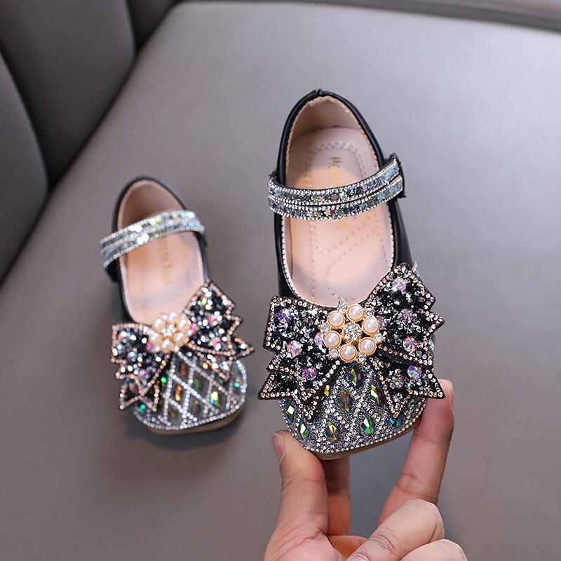 

New Autumn Children Single Shoes Girls Princesses Rhinestones Butterflies Sequins Kids Square Toe Pearls Performance Dance Shoes 21