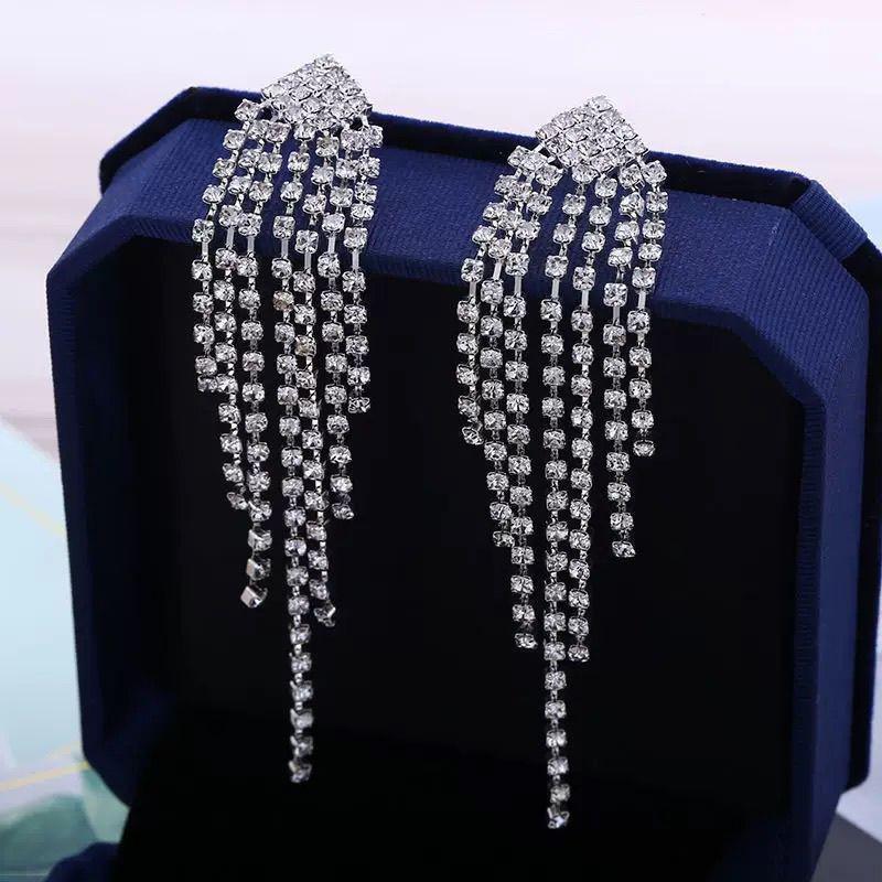 Elegant European & American Diamond Tassel Earrings - Korean Style for Evening Parties and Brides