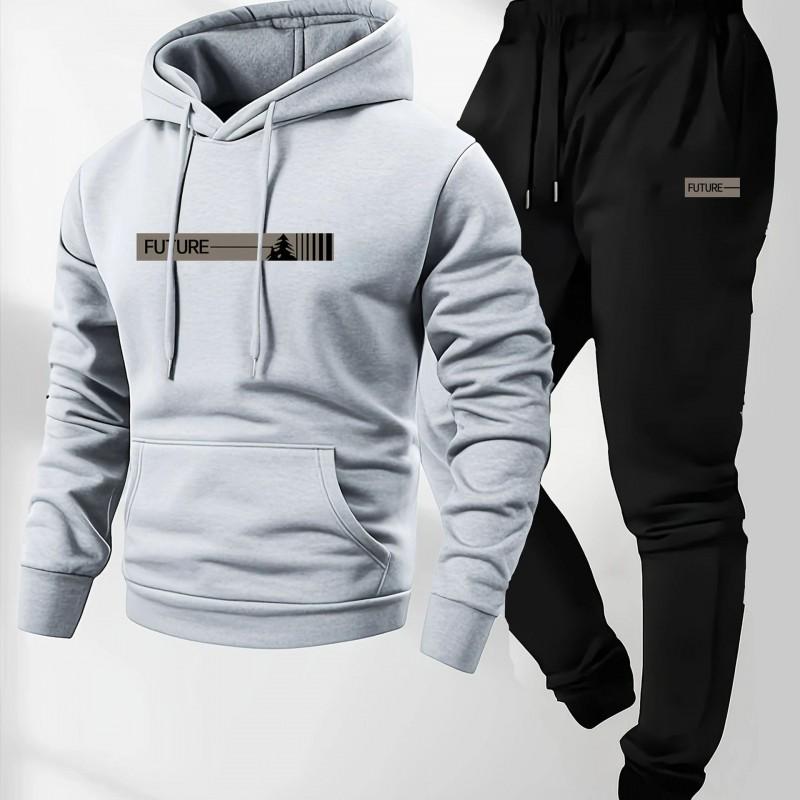 Conjunto deportivo de 2 piezas para hombre: Sudadera con capucha y cremallera Pantalones de chándal Forro polar cálido Ajuste holgado Casual para correr