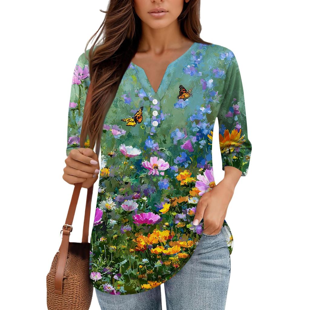 3/4 Length Sleeve Women's Tops Print Vintage Fashion Casual Loose With V Neck Plus Size Shirts Tops