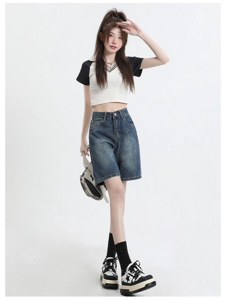 Women's High-Waisted Retro Denim Shorts - Trendy, Versatile, Slimming, Loose-Fit, Summer Five-Point Pants.