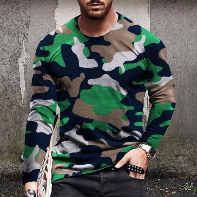 Men's Fashion 3d Printing Street Personality Camouflage Clothing Long Sleeve O Collar Trend Comfortable Breathable Top Clothing