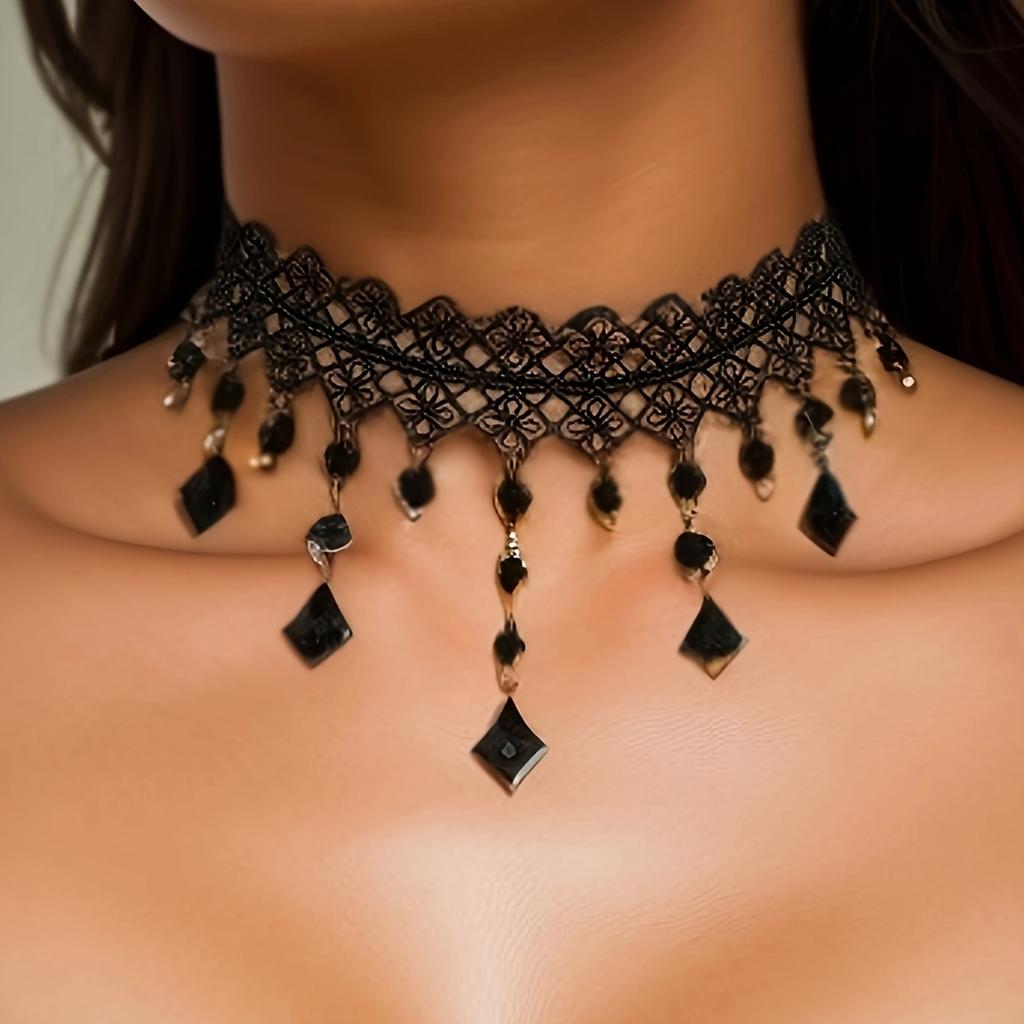 Punk Gothic Lace Necklace, Spider Web, Crystal Tassel Jewelry