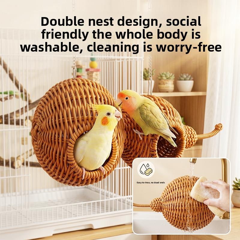 Nid de Perroquet en Rotin Tissé à la Main Résistant à l'Usure Résistant aux Morsures Respirant Amovible et Lavable Accessoires de Cage à Oiseaux